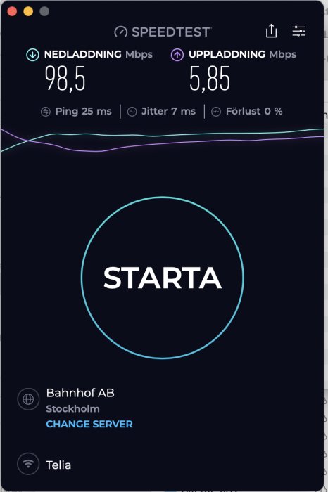 Internet hastighetstest skärm: nedladdning 98,5 Mbps, uppladdning 5,85 Mbps, ping 25 ms.