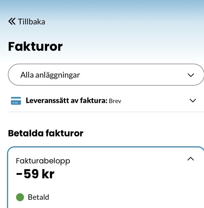 Skärmavbild av ett fakturahanteringsgränssnitt med en betald faktura för -59 kr.