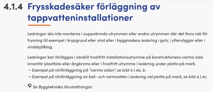 Skärmdump av text om att undvika frostskador vid installation av tappvattenledningar, med hänvisningar till illustrationer och byggtekniska förutsättningar.