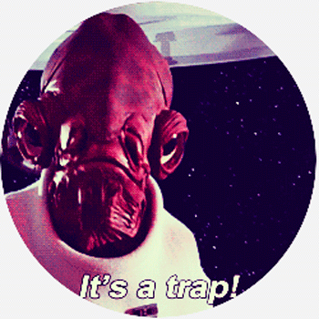 Animerad bild med fiktiv karaktär och texten "It's a trap!" mot rymdbakgrund.