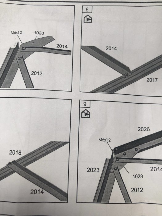 Instruktionsbilder som visar monteringssteg för möbler med skruvdetaljer och komponentnummer.