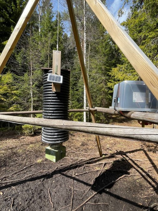 Väderstation med termometer, solpanel, i skogen, vid träkonstruktion och mätutrustning.