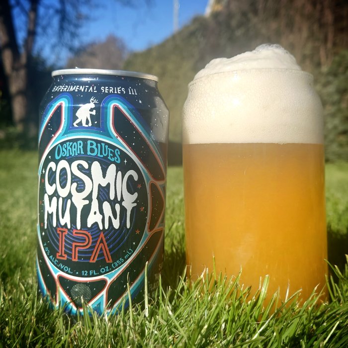Ölburk och glas på gräsmatta, skumtopp, soligt, "Cosmic Mutant IPA", Oskar Blues Brewery, ute.