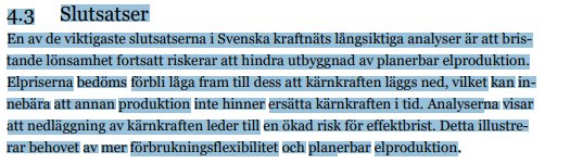Svensk text om bristande lönsamhet och risker för elproduktion relaterad till kärnkraftsnedläggning och flexibilitetsbehov.