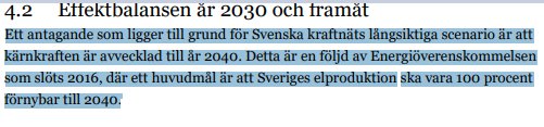 Text om Sveriges energiproduktion; kärnkraftsavveckling till 2040, energiöverenskommelse från 2016, 100% förnybar energi.