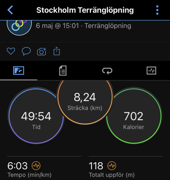 Fitness-appskärmdump: 8,24 km terränglöpning, 49:54 tid, 702 kaloriförbrukning, 6:03 min/km tempo, Stockholm.