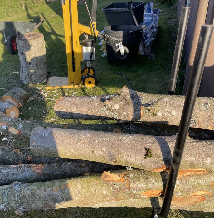 Trädved, vedklyv, hjulbår, skottkärra, plastdunkar, utedag, skymningssol, vedstapel, gräsmatta, redskap.