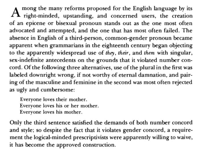 Text om engelska språkets reformer gällande könslöst pronomen och grammatiska antecedent-regler.