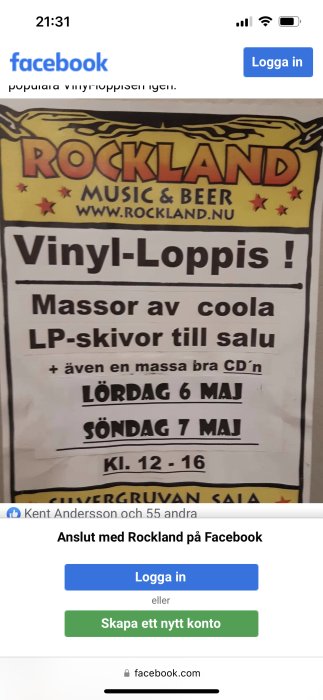 Reklam för vinyl-försäljning på Rockland, skärmavbild från Facebook, evenemangsdatum och inloggningsalternativ synliga.