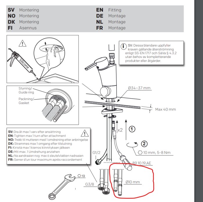 Instruktionsdiagram för montering av kran, verktyg, mått och flerspråkiga installationsanvisningar.