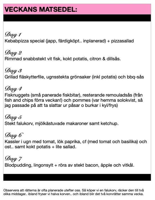 En matplan för en vecka med olika rätter, inkluderar kebabpizza, fisknuggets, stekt falukorv och blodpudding.