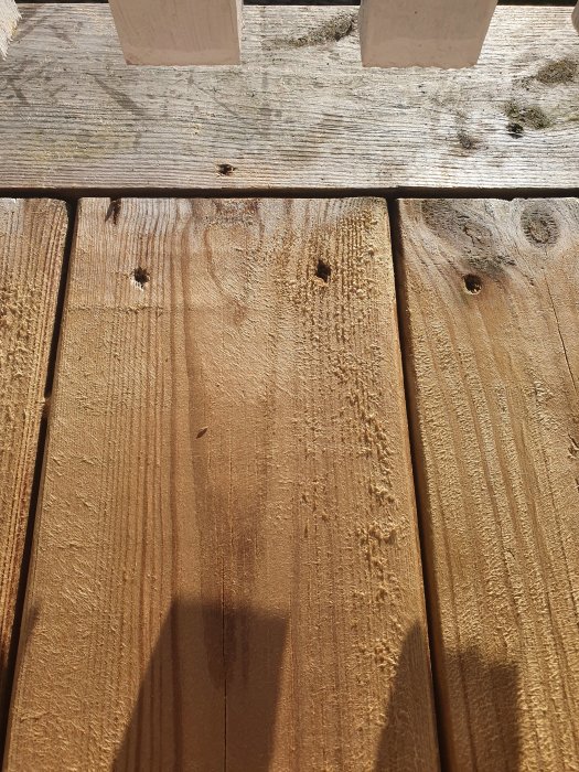 Fuktigt trästaket i solljus med skugga av staketets övre del.