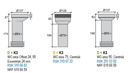 Tekniska ritningar av tre olika toalettanslutningar inklusive mått och produktkoder.