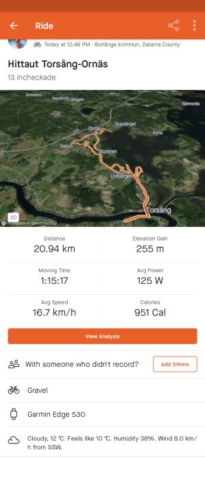 Cykeltur i Borlänge, 20.94 km, 255 meters höjdskillnad, varaktighet 1:15:17, genomsnittshastighet 16.7 km/h.