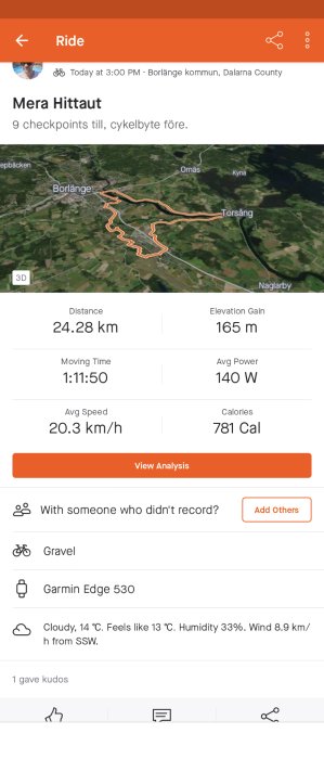 Cykeltur-statistik, Borlänge kommun, 24.28 km, grusväg, Garmin, väderinformation, en person gav kudos.