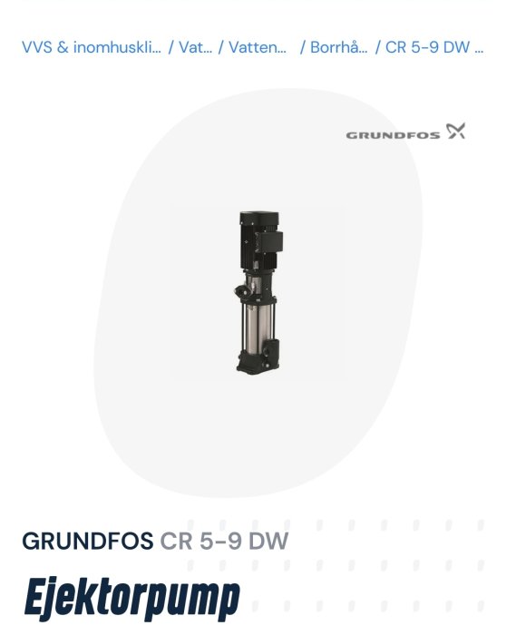 Grundfos centrifugalpump, vertikal flerstegspump, svart, industriell utrustning, modell CR 5-9 DW.