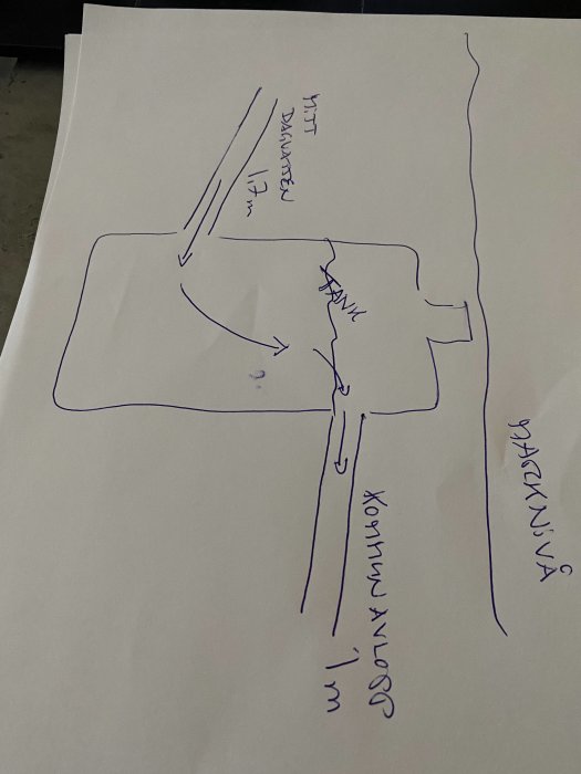 Handritad skiss, eventuellt en planritning eller diagram, med bläckpenna och måttangivelser.