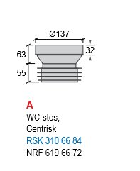 Teknisk ritning av ett WC-stos, centrerat, med måttangivelser och produktkoder.