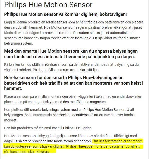 Svensk text om Philips Hue Motion Sensor, funktioner, batteridrift, ljusanpassning via app.