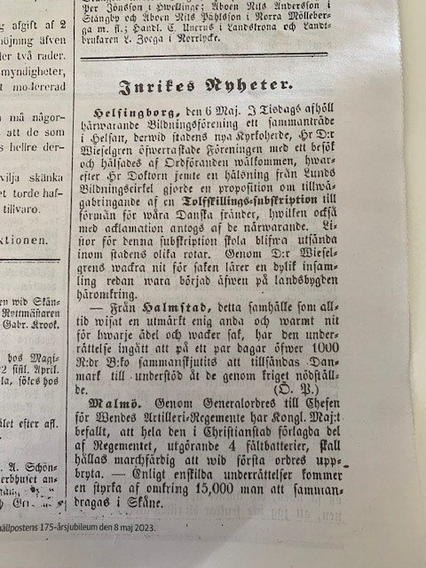 Gammal tidningsartikel på svenska, rubrik "Inrikes Nyheter", text om händelser från 1800-talet.