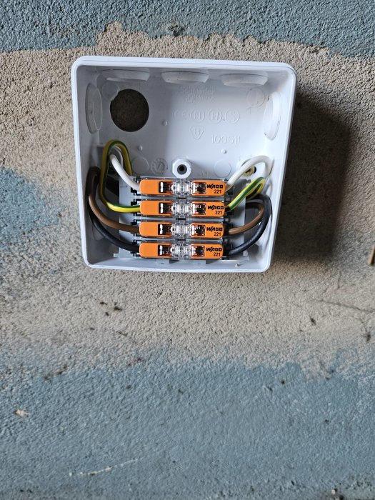 Öppen elektrisk dosa med WAGO-kopplingsklämmor och flera organiserade kablar mot betongvägg.
