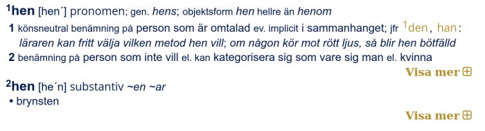 Svensk text som förklarar pronomenet "hen", en könsneutral term, samt ordet "hen" som substantiv.