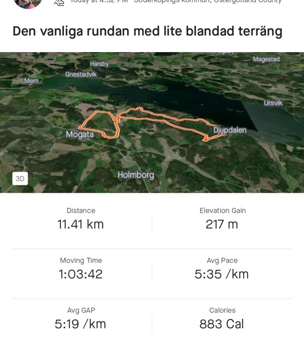 Kartbild på löprunda, 11,41 km, olika terräng, rörelsetid, genomsnittstakt, kaloriförbrukning.