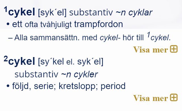 Ordboksdefinition av "cykel": substantiv, två betydelser, uttal, synonymer och alternativ stavning.