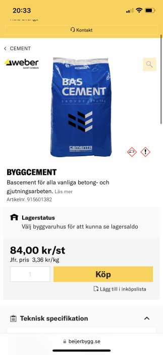 Byggcement från Weber, 25 kg säck, onlineförsäljning, pris 84 kr/st, varningsikoner, produktinformation, köpknapp.