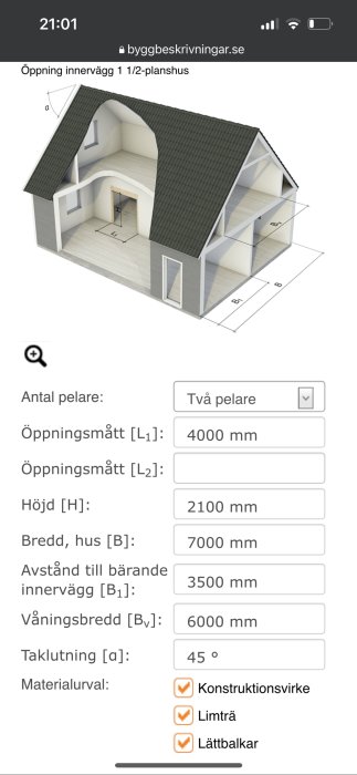 Digital skiss av 1 1/2-planshus med måttangivelser och materialval för byggkonstruktion.