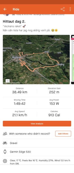 Cykeltur, Borlänge kommun, 38,49 km, 1:49:42 tid, 252 m höjdvinst, 913 kalorier, Garmin Edge 530, väderinformation.