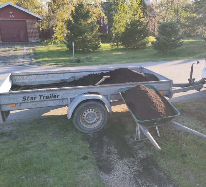 Släpvagn full med jord. Skottkärra bredvid. Garage och träd i bakgrunden. Utomhus på dagen.