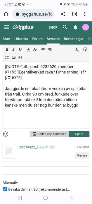 Skärmdump från byggforum, diskussion om DIY-projekt, 90 cm trallbygge, grön header, mobilvy.