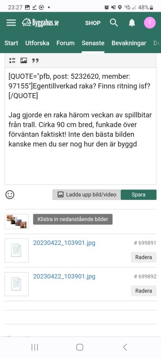 Skärmdump från ett forum. Inlägg diskuterar hemmagjord raka av spillbitar, nämner storlek och funktion.