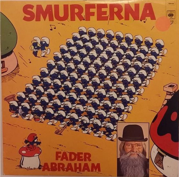 Vinylskivaomslag, Smurfarna i formation, karaktär med skägg, svamp, orange bakgrund, musikaliska symboler, retrostil, tecknade figurer.