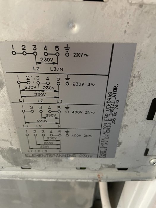 Instruktionsetikett för installation av elektrisk utrustning med olika kopplingsscheman för spänningar och fas-konfigurationer.