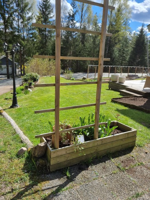 Trädgårdslåda med spaljé, grönskande växter, soligt, gräsmatta, trädgårdslampor, inramad av grusgång, bakgrund av skog och himmel.