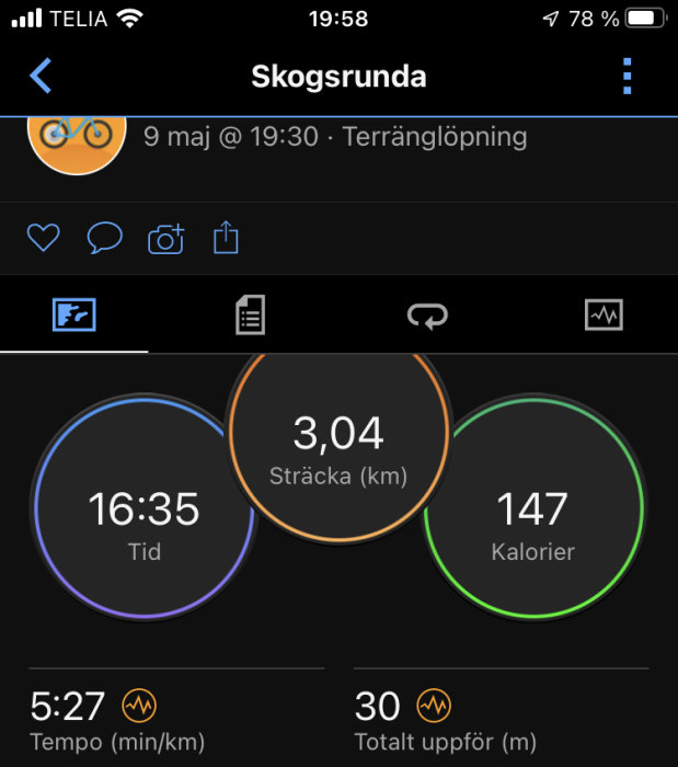 Skärmavbild av träningsapp efter terränglöpning; visar distans, tid, kalorier, tempo och höjdstigning.