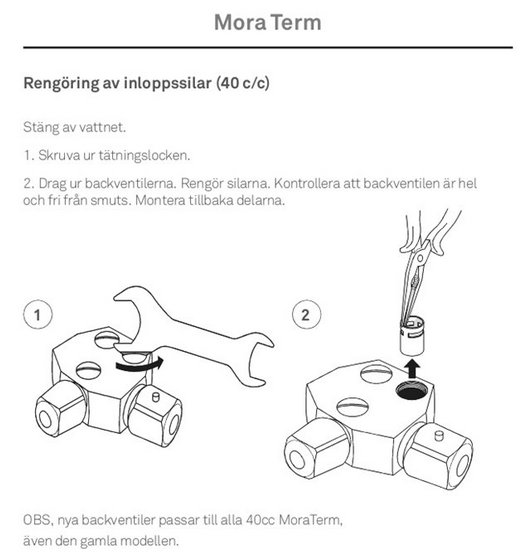 Instruktionsbild för rengöring av inloppssilar på en värmeblandare, med text och numrerade steg.