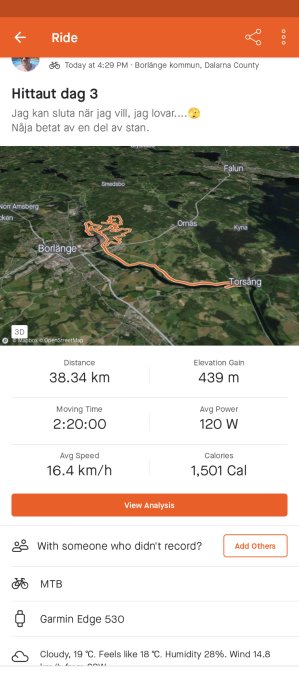 Cykeltur, 38,34 km, Borlänge, 2 timmar 20 minuter, kartöversikt, träningsdata, molnigt väder, MTB.