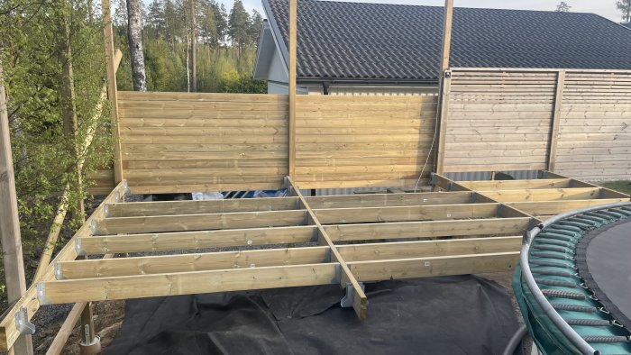 Byggarbetsplats för trädäck, trampolin syns, träkonstruktion halvfärdig, hus och träd i bakgrunden.