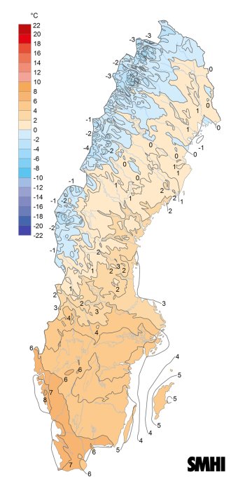 Temperaturkarta över Sverige som visar varierande grader Celsius, logotyp för SMHI nederst.