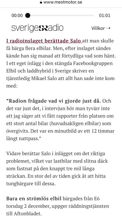 Svenskt radiosändningsutdrag om elbilar och tunga fordon med problem på grund av slitna däck efter intervju.