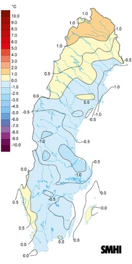 Kartan visar temperaturförändringar i Sverige, med färgskala och grader Celsius. SMHI-logotypen syns.