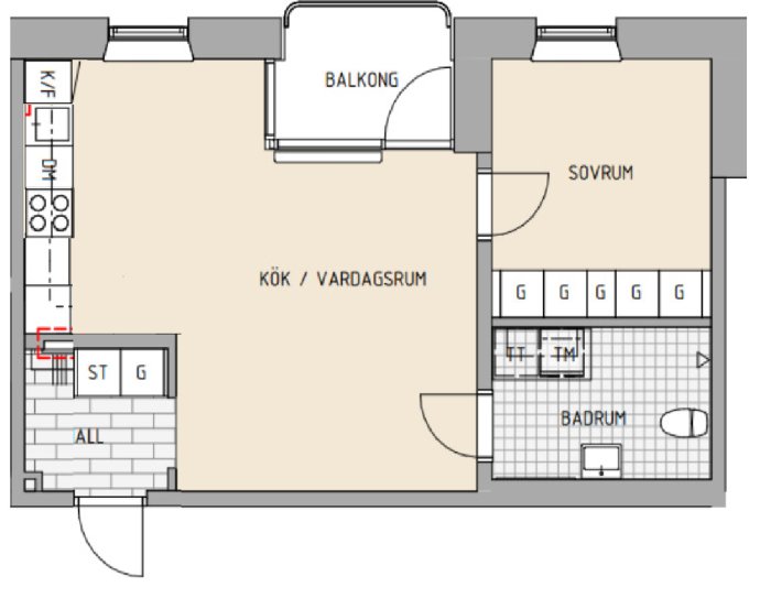 Planritning av en lägenhet med kök/vardagsrum, sovrum, badrum och balkong.