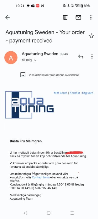 E-postbekräftelse från Aquatuning Sweden om mottagen betalning för en beställning, erbjuder kundsupport och tackar för köpet.