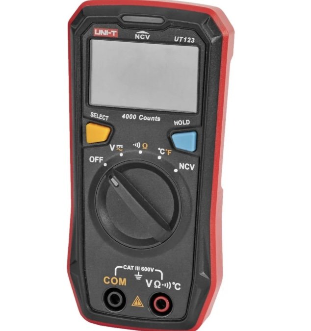 Digital multimeter, rödsvart, skärm, mätinstrument, spänning, resistans, temperatur, batteritest, elektriska mätningar, verktyg.