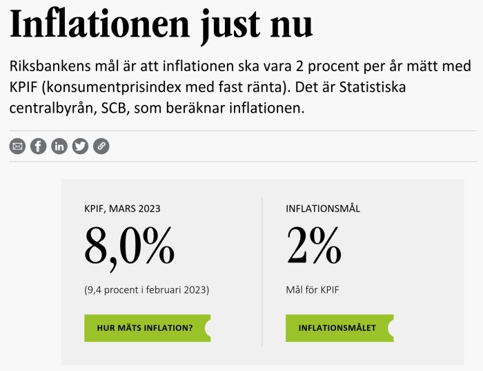 Bilden visar en svensk text om inflation med siffror och procent, samt en knapp för mer information.