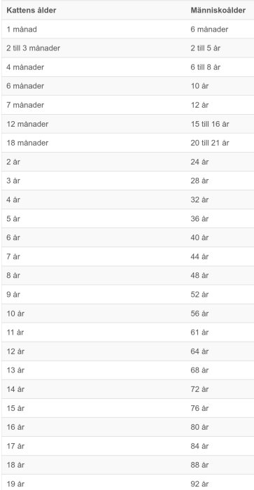 Tabell som jämför kattens ålder med motsvarande människoålder.