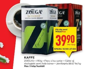 Reklam för Zoégas kaffe till specialpris 39:90 SEK för WILLYS Plus-medlemmar, begränsat tillgängligt erbjudande, max 3 köp/hushåll.